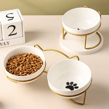 Керамическая миска для подъема собак и кошек, двойное блюдо, круглая посуда для поедания домашних животных, защита от опрокидывания с металлической подставкой, поилка для домашних животных с надземной подачей воды