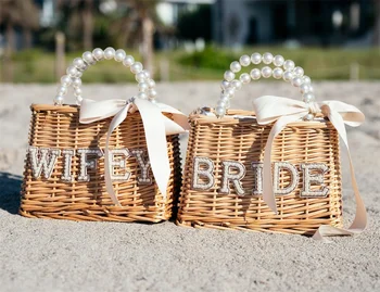 Пляжная сумка невесты на заказ с жемчугом и бантом, Персонализированная соломенная сумка, сумка для душа невесты, индивидуальные соломенные сумки, Пляжная сумка на заказ-