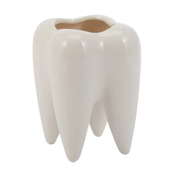 Форма зуба Белый керамический цветочный горшок Современный дизайн Плантатор Модель зубов Мини-настольный горшок Креативный подарок (без растений)