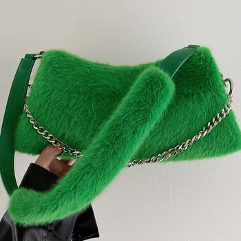 Зеленые плюшевые кошельки и сумочки для подмышек, дизайнерская сумка на цепочке 