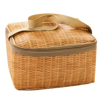 Соломенная сумочка с плетеной изоляцией, сохраняющая тепло, водонепроницаемая Плетеная корзина для пикника, ротанговая сумка с крышкой и ручкой