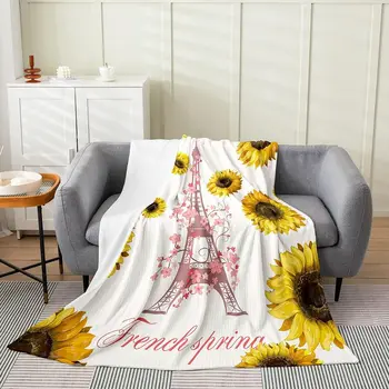 Эйфелева башня, фланелевое флисовое одеяло, Парижский подсолнух, плюшевый плед, для мальчиков и девочек, детский Парижский желтый цветок