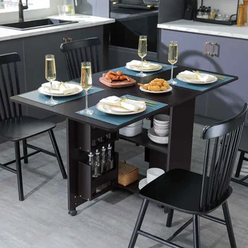 Складной обеденный стол с полкой для хранения, Кухонный стол, Выдвижной обеденный стол, стол для экономии места, 3 формы, ресторан, Черный орех