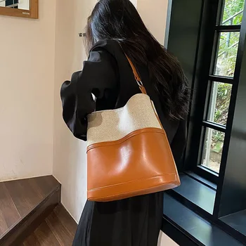 2023 Новая простая сумка-мешок Большой емкости, универсальная модная сумка Ins, Корейские женские сумки через плечо контрастного цвета