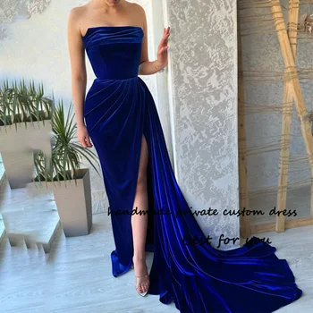 Темно-синие платья русалки для выпускного вечера со складками с разрезами, вечернее платье без бретелек со шлейфом, длинные вечерние платья