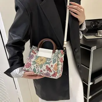Портативная модная сумочка с вышивкой Простая повседневная холщовая сумка с цветочным рисунком Для девочек Винтажные сумки через плечо большой емкости