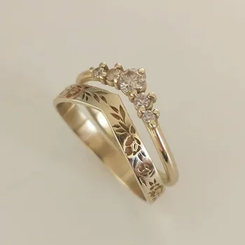 Элегантное простое обручальное кольцо для женщин винтажного золотого цвета с V-образными цветами ручной работы