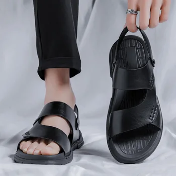 Новые мужские босоножки из спилка, Мягкие удобные римские сандалии, мужская летняя повседневная обувь, Модные нескользящие тапочки