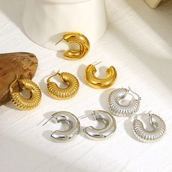 Великолепные Модные круглые серьги-кольца из нержавеющей стали для женщин, позолоченные металлические Толстые зажимы для ушей, текстурированные серьги, ювелирные изделия 2023 г.