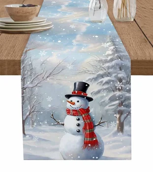 Рождественская снежная сцена, настольная дорожка в виде снеговика, Хлопчатобумажный льняной свадебный декор, скатерть, домашний Рождественский декор для стола, настольная дорожка