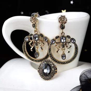 Sunspicems 2020 Наборы индийских ювелирных изделий для женщин, серьги с серым кристаллом, Круглое кольцо, Этническая свадебная бижутерия, подарок для богемной вечеринки