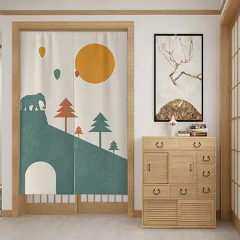 Геометрическая дверная занавеска в виде леса со слонами, перегородка, Занавески Noren, Спальня, Туалет, кухня, Японский дверной проем, Полупрозрачный декор для дома