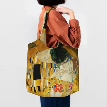 Сумка для покупок Klimt Kiss с забавным принтом, многоразовая холщовая сумка для покупок Gustav Klimt Freyas Art Bags, сумка для фотографий