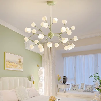Современная белая люстра в цветочек в кремовом стиле AiPaiTe, используемая в гостиной, столовой, спальне, белая / зеленая светодиодная люстра