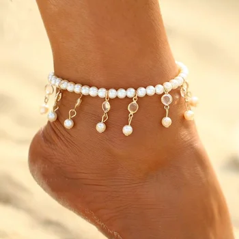 Пляжные украшения Цепочка для ножного браслета Модная простая хрустальная кисточка Эластичный браслет для ног из бисера для женщин