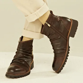 Большие размеры 39-48, брендовые дизайнерские мужские ботильоны в стиле ретро, модные плиссированные ботинки с круглым носком на молнии, мужская повседневная удобная обувь для мужчин