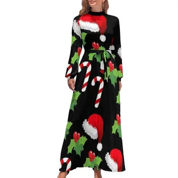 Рождественское платье с принтом в виде шляпы, Мультяшное Рождественское Уличное платье в стиле Бохо, пляжные платья с длинным рукавом и высоким воротом, Милое Длинное платье Макси