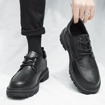 Мужская обувь 2023, Новая Летняя Повседневная Кожаная обувь в Британском черном цвете, Мужская Бизнес-обувь Для студентов, Модная Рабочая обувь с Большой Головкой, Летняя Черная L