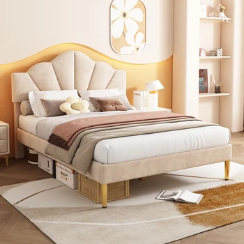 Кровать с бархатной обивкой, двуспальная кровать, кровать-ракушка с позолоченными железными ножками, регулируемое по высоте изголовье, деревянный решетчатый каркас