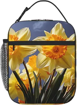 Желтая сумка для ланча Daffodil для женщин и мужчин, изолированный многоразовый ланч-бокс, сумка-холодильник с боковым карманом для работы, офиса, пикника.