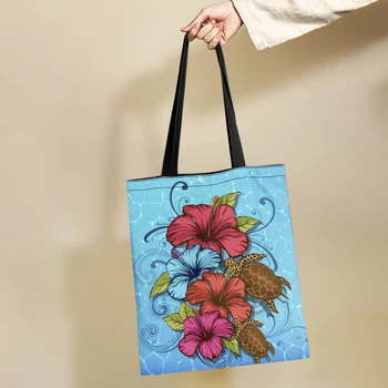 Женская сумка Yikeluo Hibiscus Turtle, синяя Многоразовая Хозяйственная сумка, Большая вместительная Студенческая сумка для книг, повседневная Уличная сумка-мессенджер