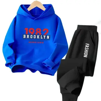 Весенне-осенняя толстовка с капюшоном для мальчиков с надписью Brooklyn City, повседневная спортивная одежда для мальчиков и девочек, комплект из 2 предметов, пуловер с капюшоном + брюки, комплект