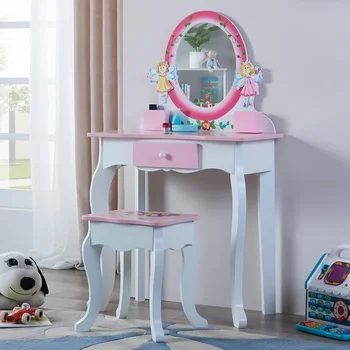 Детский туалетный столик HILIROOM с зеркалом и табуреткой, туалетный столик для макияжа для девочек, деревянный туалетный столик с выдвижным ящиком, туалетный столик принцессы