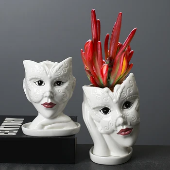 Суккулентные растения, украшение цветочного горшка, Керамическая ваза, Мини-портрет девушки в маске, Балкон, Рабочий стол, Цветочная голова человека, цветочные украшения