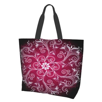 Фиолетовая, белая и черная Круглая цветочная рамка с винтажными цветами, сумки-тоут для женщин, Многоразовые продуктовые сумки, большие хозяйственные сумки