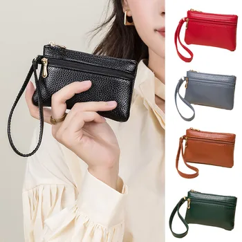 Женский кошелек на запястье, портативная сумочка на двойной молнии, однотонный классический длинный кошелек на молнии с рисунком личи, женская сумка для карточек