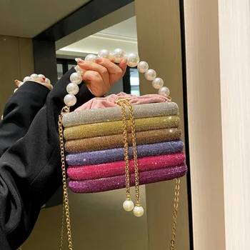 Блестящие вечерние сумки для женщин 2023, новая высококачественная модная женская сумка на плечо с жемчужной цепочкой, роскошная дизайнерская сумка с бриллиантами