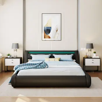 Обитая искусственной кожей кровать-платформа с гидравлической системой хранения со светодиодной подсветкой Изголовье Каркас кровати с планками размера Queen Size