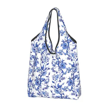 Женская сумка для покупок в стиле Шинуазри с птицами на ветвях, стилизованная под цветок, портативные сумки для покупок большой емкости Delft Blue Shopper Tote Bag