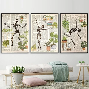 Изящный Забавный плакат с принтом танцовщицы со скелетами, картина на холсте, Подвесная корзина, растения Монстера, настенное художественное изображение, декор гостиной