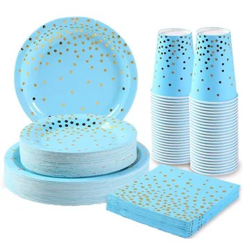 Синий набор посуды в загорелый горошек для свадьбы бумажные стаканчики одноразовая посуда тарелки для украшения вечеринки по случаю дня рождения