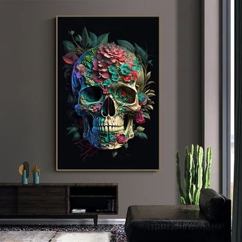 Винтажный художественный плакат в стиле бохо с черепами и цветами, печать на холсте, Готическая темная настенная художественная картина для современной гостиной, декор бара