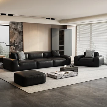 Итальянский минималистичный полностью кожаный ретро-диван для гостиной, прямой ряд, черный бобовый блок, большая черная корова, оригинальный диван