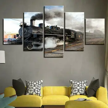 Паровозный поезд, Паровая железная дорога, 5 частей, холст, настенный художественный плакат, домашний декор, HD-печать, фотографии без рамок, Декор комнаты из 5 панелей