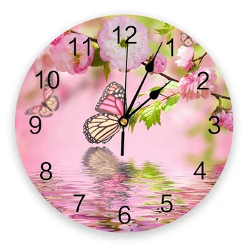 Бабочка Волна Воды Розовый Цветок Круглые Настенные часы Подвесные Часы с бесшумным временем Домашний Интерьер Спальня Гостиная Офисный Декор