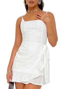 Женское летнее сексуальное платье на бретельках, белое пляжное платье с рюшами и цветочным рисунком на шнурке, мини-платье трапециевидной формы с открытой спиной