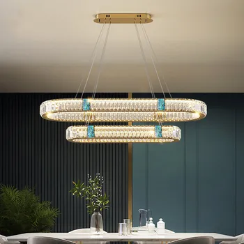 Современная Овальная люстра из нержавеющей стали, Золотистый хром, Светодиодное освещение для столовой, Подвесная лампа Nordic Luxury K9 Crystal с регулируемой яркостью