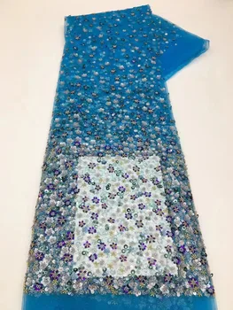 Синяя роскошная сетчатая кружевная ткань, расшитая тяжелыми бусинами с пайетками, Африканская кружевная ткань 2023 года высокого качества для свадебного шитья
