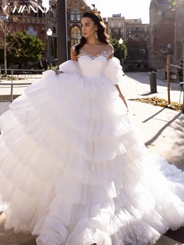 Классическое свадебное платье с круглым вырезом и коротким рукавом, блестящие аппликации, блестящее свадебное платье, Изящный Многоуровневый халат невесты Vestidos De Novia